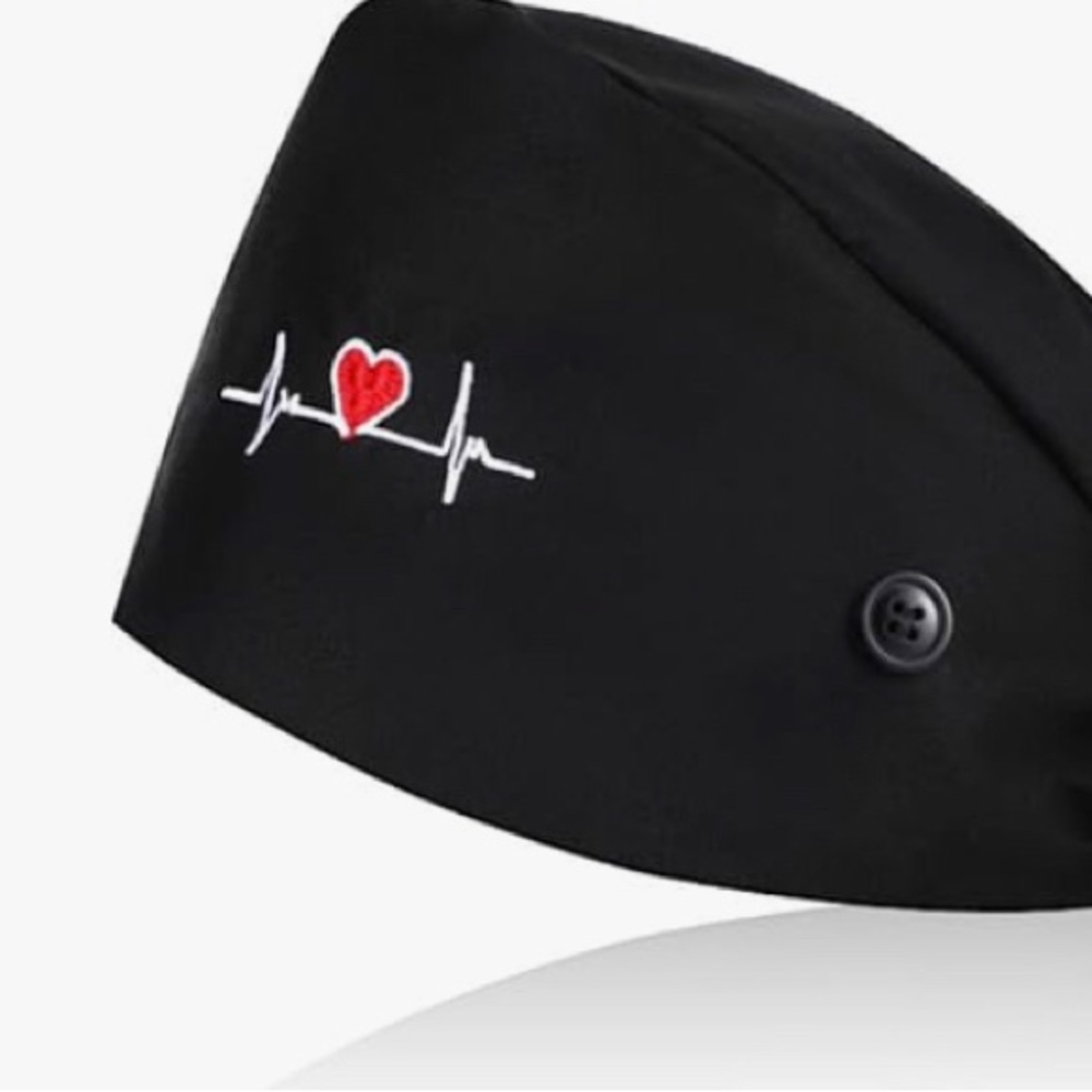 Black Medical Scrub Cap with Heartbeat Embroidery